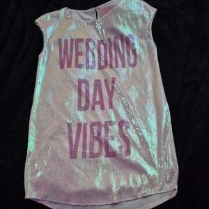 Hayley Paige Occasions Iridescent White Dress with Pink Text